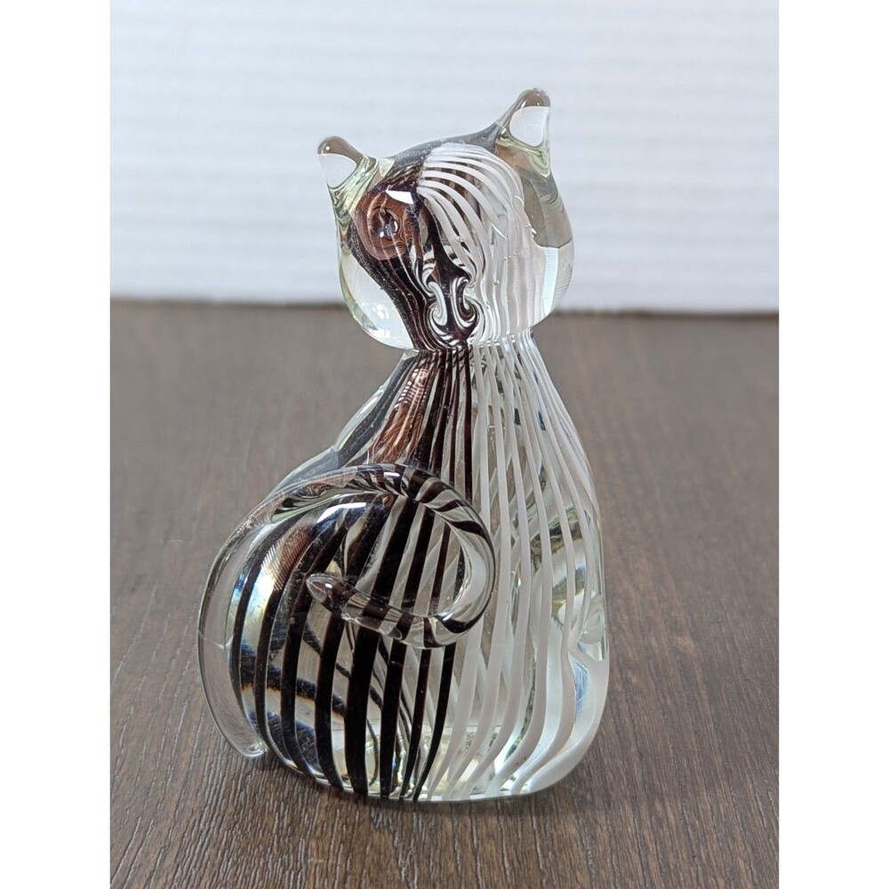 Murano Style Art Glass Paperweight Cat Figurine Black White Strip 4.5" MCM